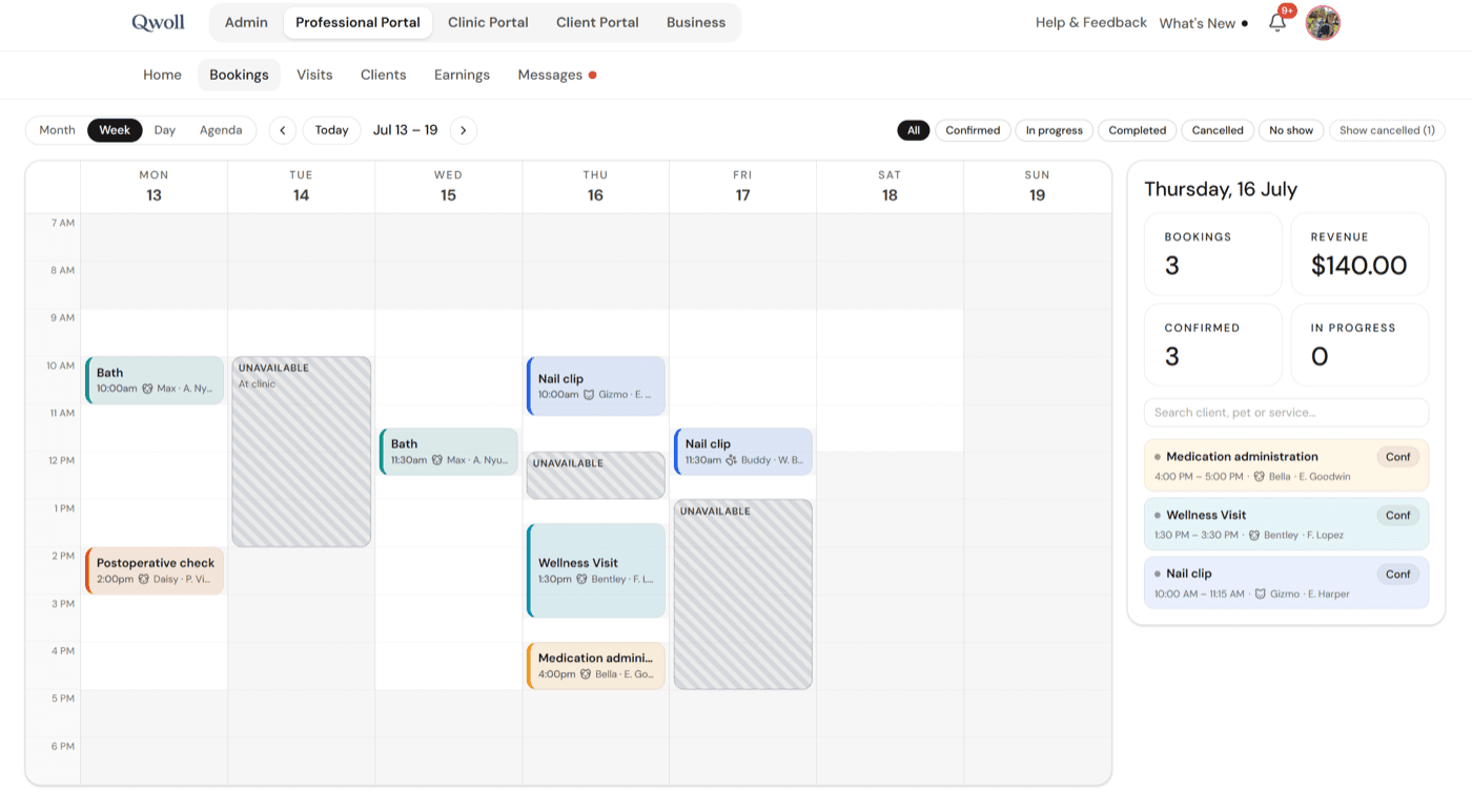 Week calendar colour-coded by service