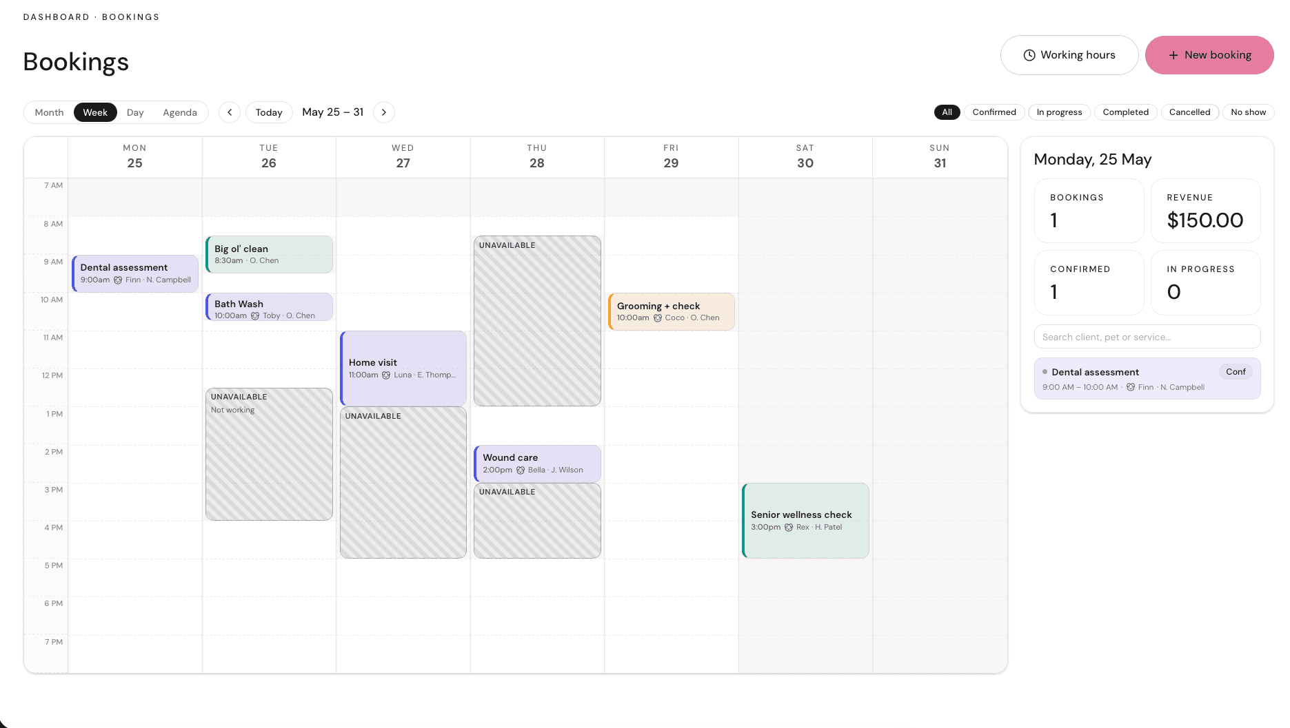 Qwoll Professional Portal weekly bookings calendar with confirmed visits and a day summary