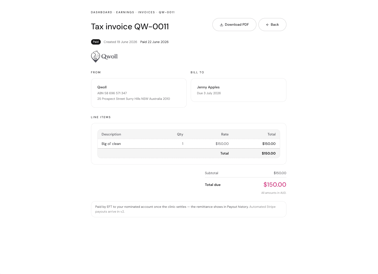 A tax invoice generated from a completed visit
